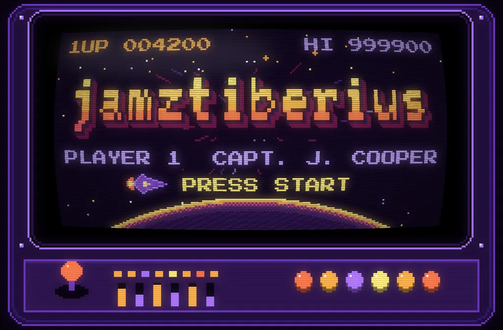 Arcade cabinet screen reading jamztiberius, Player 1, Capt. J. Cooper, Press Start