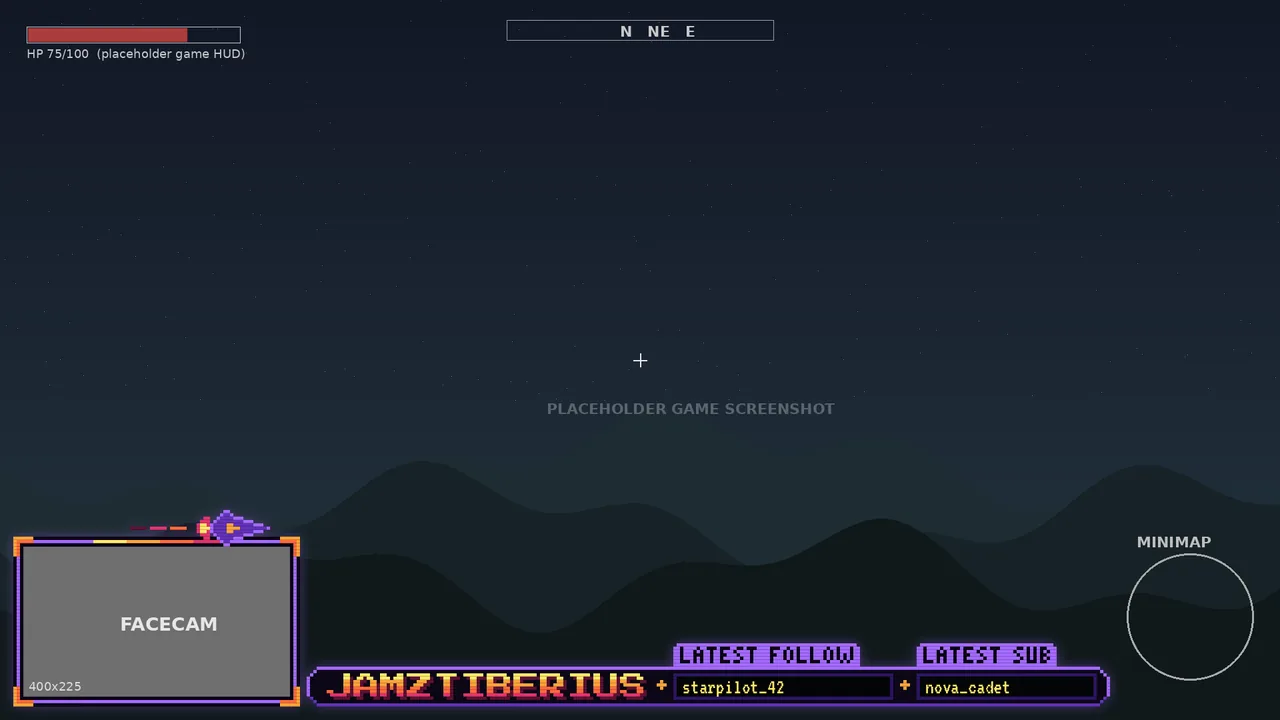 Preview of the @jamztiberius stream overlay: facecam frame, pixel-art name bar, and latest follow and sub boxes over a placeholder game screen