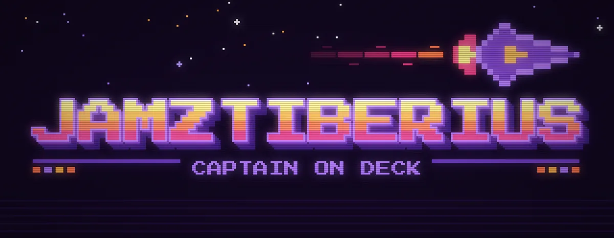 The jamztiberius wordmark in glowing synthwave pixel letters with a spaceship, reading Captain on Deck