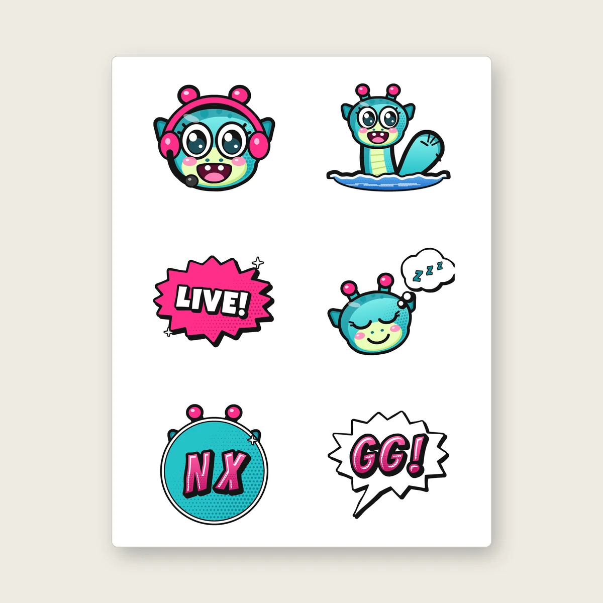 Nexie Sticker Sheet mockup featuring Nexie, the teal Loch Ness mascot of The Nexus Live