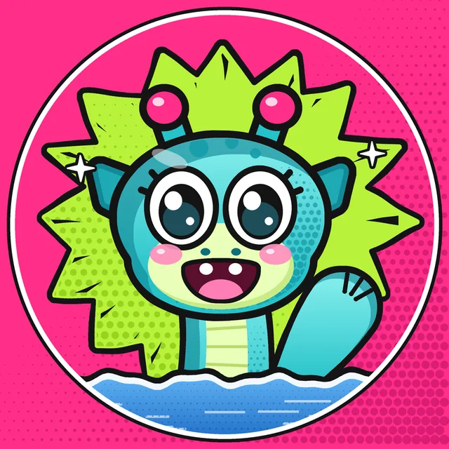 Nexie, the Loch Ness monster mascot, waving inside a pink circle